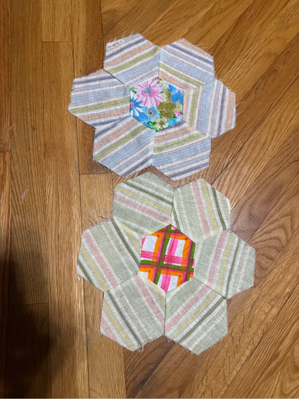 Handmade Hexagon Floral Quilt Blocks - Pastel Stripes with Bright Centers